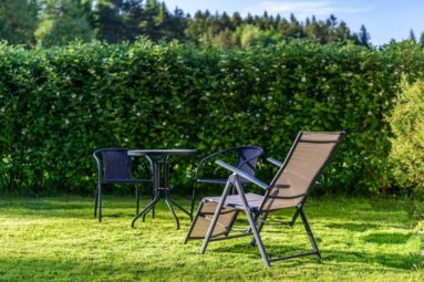 sun lounger in garden with hedges